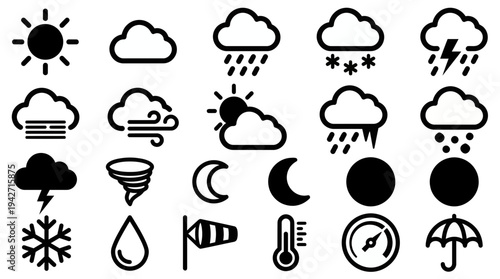 Collection of black outline weather icons featuring sun clouds rain and moon on white background, concept for weather forecasting apps, climate reporting and meteorological web design