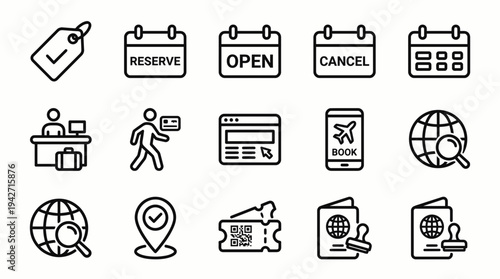 Linear travel icons set featuring calendar reservations, passport stamps, mobile tickets and hotel reception services, concept for online booking, travel management and agency marketing
