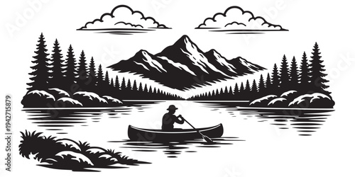 Lake Canoe Outdoor Adventure Scene Silhouette, Silhouette Vector, Isolated on White Background