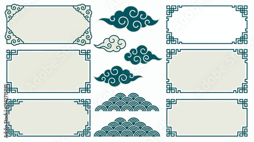 Collection of traditional Chinese decorative frames with auspicious clouds and wave patterns on white background, concept for lunar new year design, oriental menu and asian branding identity