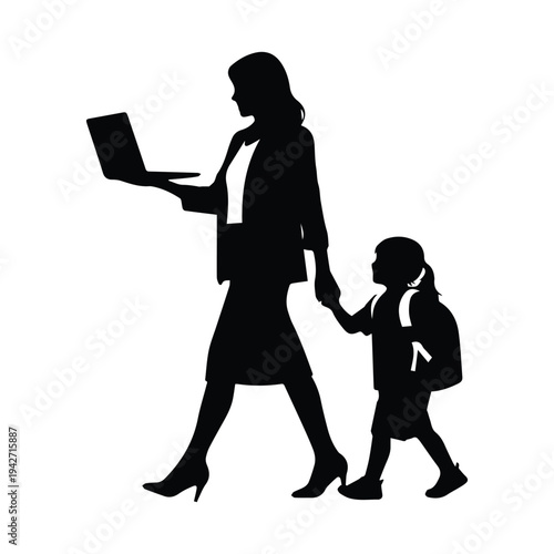 Busy mom walking with child holding hand and carrying laptop