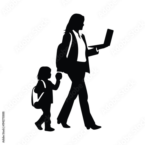 Businesswoman and child walking together with backpacks