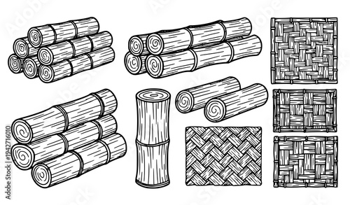 Black and White Bamboo Poles and Weaving Vector Illustration Cartoon Line Art Set