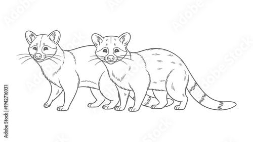 Civet Cat Pair illustration: Two civet cats, captured in a detailed illustration, stand side by side, their attentive expressions and unique markings showcased against a simple backdrop.