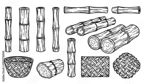 Cartoon Bamboo Poles Logs and Weaving Vector Illustration Black White Design Elements