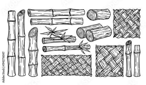 Bamboo Logs and Weaving Black White Cartoon Vector Elements Illustration