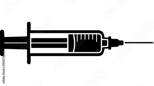 Black syringe silhouette with needle, medical injection equipment vector illustration isolated on white background for healthcare, vaccination and medicine design