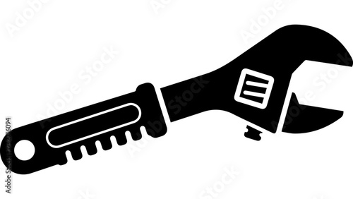 Black adjustable wrench silhouette vector icon with jaws, screw and handle hole, simple flat tool illustration for repair service, hardware, DIY branding