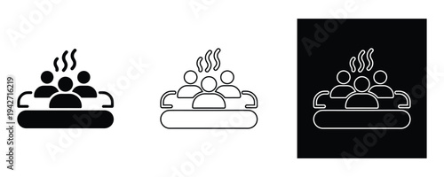 Three people sitting on a couch on white background with steam rising