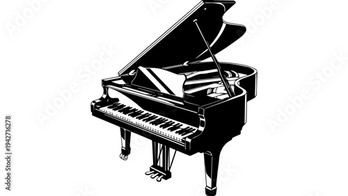 Black and white grand piano silhouette vector illustration, isolated concert keyboard instrument icon with open lid, music performance design for posters, logos