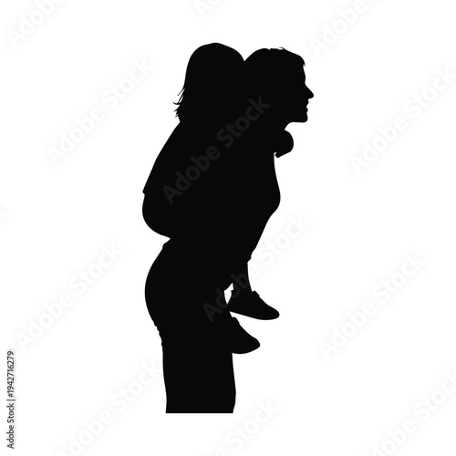 Silhouette of happy father carrying little child on shoulders