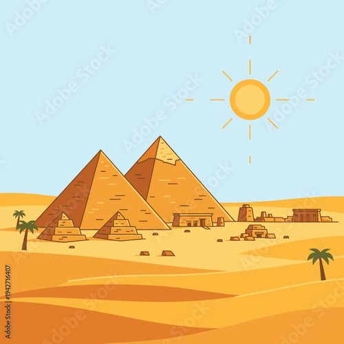 Ancient Egyptian Pyramids and Sphinx in Desert Landscape.