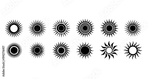 Sun icon vector set black solar symbols minimal silhouette collectionBlack sun icon set vector stylized solar symbols isolated on white