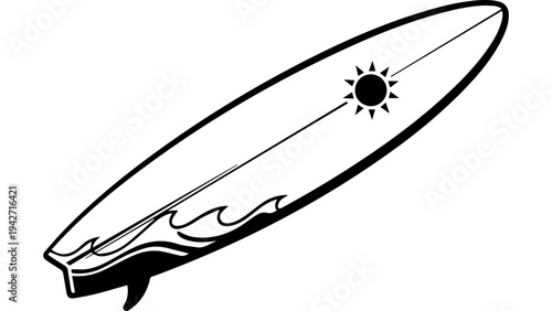 Black and white surfboard silhouette vector with wave line art and sun symbol, simple outline illustration for surfing logo, sticker, t-shirt and beach branding