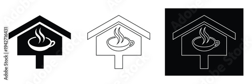 Coffee cup with steam on white background in house shaped icons