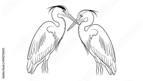 Intimate Birds in Harmony: Two elegant herons in graceful embrace, their necks intertwined in a delicate dance of connection, symbolizing unity.