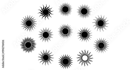 Stylized sun symbols vector set black solar icons collection