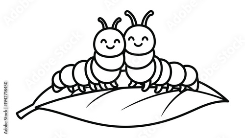 Charming Caterpillar Friends on Leaf: Two endearing caterpillars, full of smiles, sit together on a single leaf.