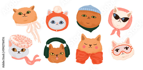 Modern funny cats set. Cute feline characters wearing fashion style hats, sunglasses, bow accessory. Kitty animal stickers, avatars, portraits. Flat vector illustrations isolated on white background