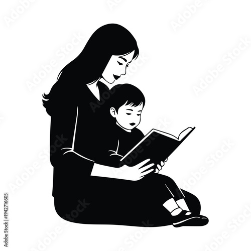 Woman reading book with happy child in her lap
