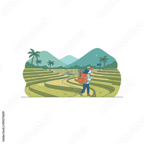 Farmer carrying harvest on his back walking through rice terraces.