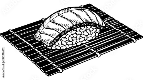 Black and white vector illustration of sushi roll on bamboo rolling mat, Japanese food maki with rice and filling, hand drawn style isolated on white background