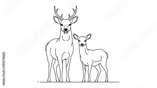 Deer Family Outline Illustration: A minimalist line art illustration of a deer family with an adult deer and a fawn.