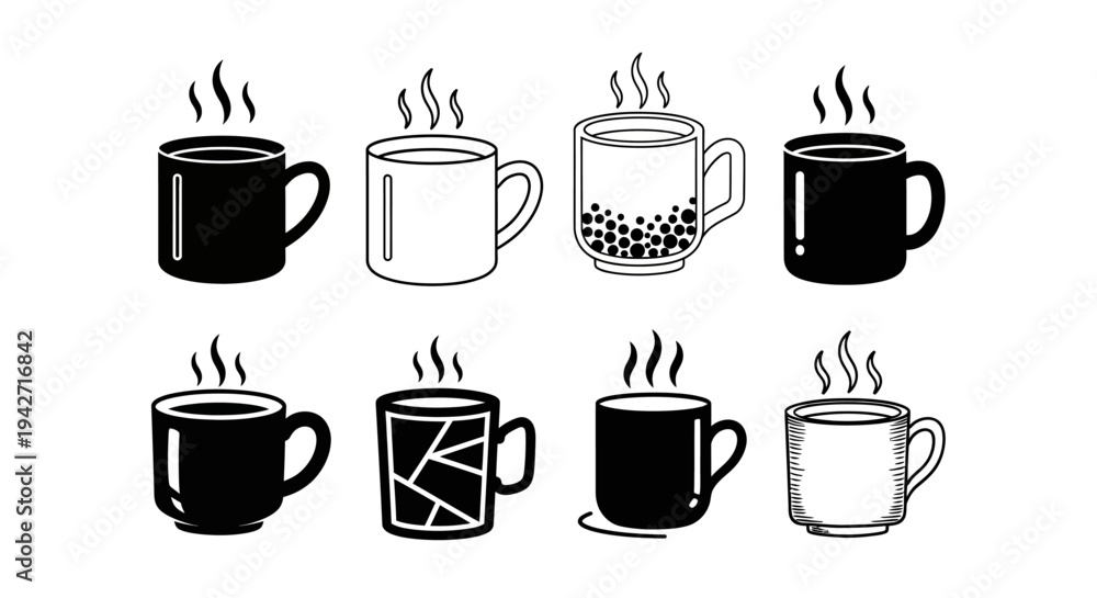 Obraz premium Set of eight simple vector icons for coffee mugs in various designs black and white hot beverage cups steaming warm drinks collection
