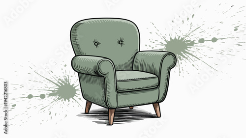 Hand drawn green armchair with abstract paint splatters white background furniture