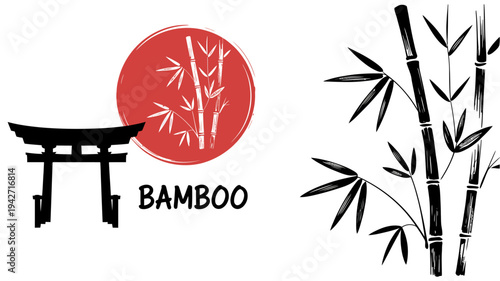 Japanese Torii Gate Red Sun Bamboo Silhouette