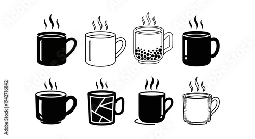 Set of eight simple vector icons for coffee mugs in various designs black and white hot beverage cups steaming warm drinks collection