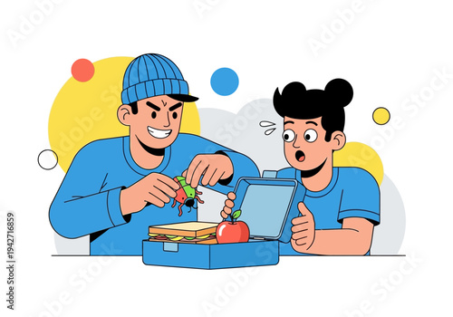 Premium April Fools Day Prank Concept with Mischievous Boy Putting Fake Bug in Friend's Lunchbox Flat Vector Illustration