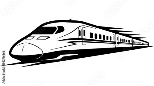 Black and white high-speed bullet train silhouette vector illustration, modern passenger railway transport side view, streamlined express locomotive design