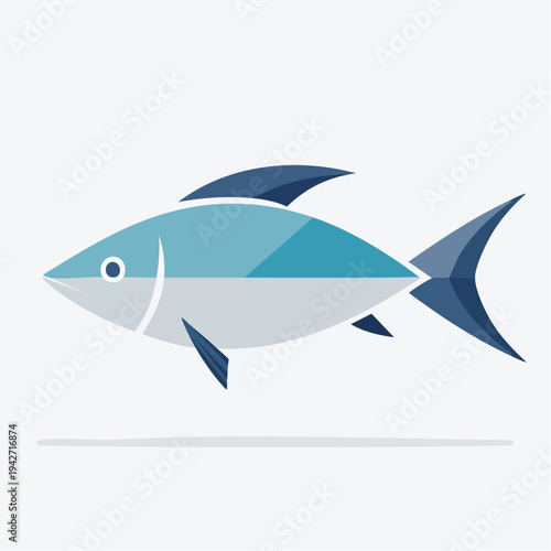 Stylized blue fish illustration in a modern flat design, representing aquatic life and a fresh seafood concept