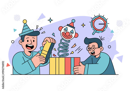 Premium April Fools Day Prank Concept with Friends Opening Jack in the Box Surprise Toy Flat Vector