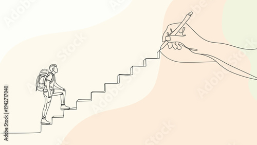 Continuous Line Art of Man Climbing Stairs Drawn by Hand Concept