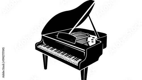 Black grand piano silhouette vector illustration with open lid, keyboard and sheet music on white background, classic musical instrument icon for design
