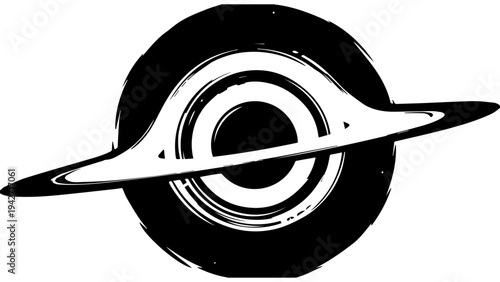 Abstract black and white Saturn planet silhouette with ring, circular grunge brush stroke style space logo icon vector illustration isolated on white