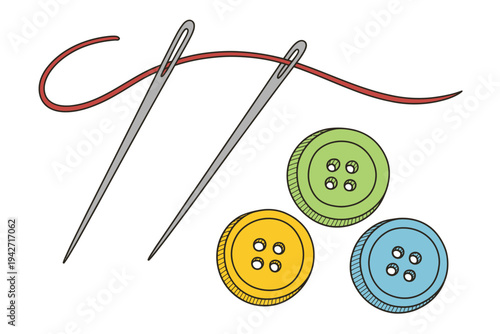 Sewing needles with red thread and colorful yellow green blue buttons for crafts