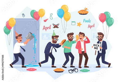 Premium April Fools Day Office Prank Chaos Concept with Employees Throwing Pie, Water Bucket, and Kick Me Sign Flat Vector