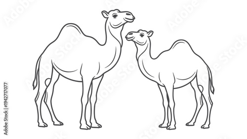 Camel Duo in Outline: A minimalist line art illustration depicts two dromedary camels, one taller and one smaller, standing side-by-side against a clean background.