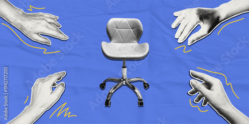 Job competition concept. Collage halftone hands reaching for one office chair. Candidate selection, hiring process and fight for position metaphor. Vector illustration 