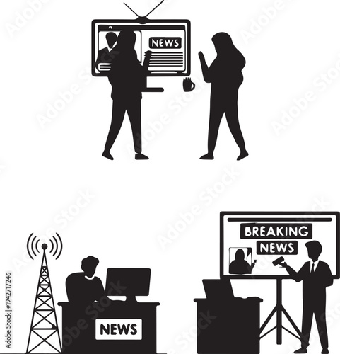 News Broadcasting Concept with Reporters, Breaking News Screen and Media Tower Illustration