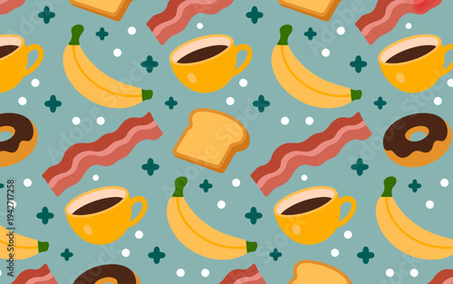 Whimsical Breakfast Pattern with Coffee Bananas Bacon Toast and Donuts Teal Background