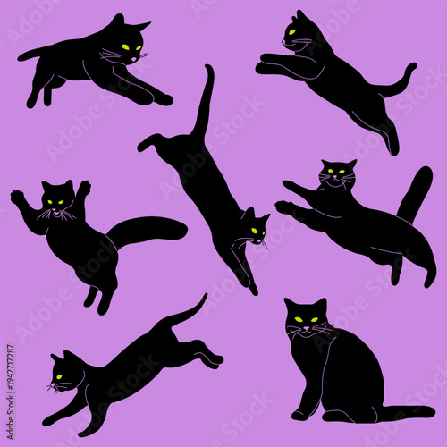 Playful cat silhouettes in different poses. Collection set of funny black kitten pets jumping and running. Happy active leaping cats. Vector Illustration 