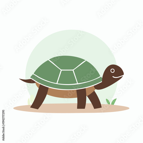 Adorable cartoon tortoise character with a green shell walking on a sandy path illustration, representing slow movement and perseverance