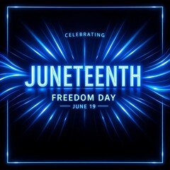 Minimal Blue Neon Juneteenth Freedom Day Poster with Glowing Light Rays and Modern Typography