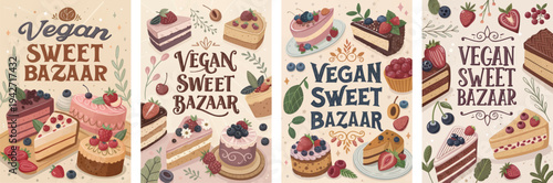 Colorful vegan cake illustrations showcasing a variety of desserts.
