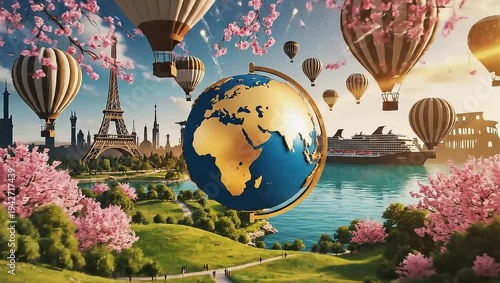 Springtime in Paris with Cherry Blossoms and Hot Air Balloons.