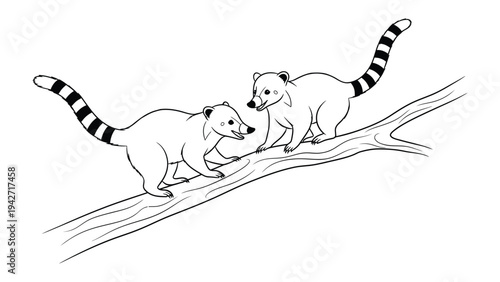 Curious Coatis: Two adorable coatis, their distinctive ringed tails held high, gracefully navigate a sturdy tree branch, displaying curiosity.